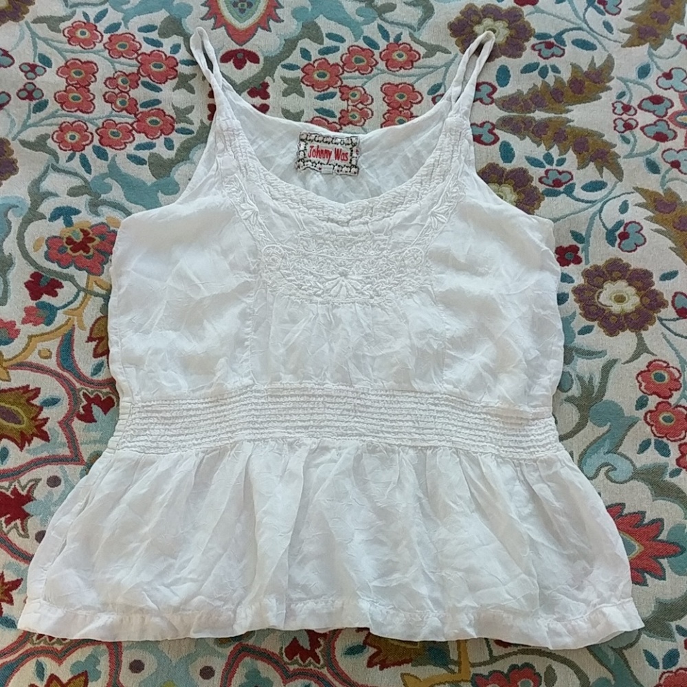 Johnny Was Tank Top L White Peplum Crinkle Boho